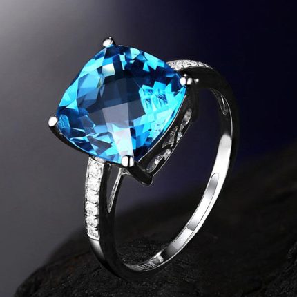 Silver Plated Anti Tarnish American Diamond Crushed Ice Cut Navy Blue Square Finger Ring - VAIRAVI