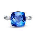 Silver Plated Anti Tarnish American Diamond Crushed Ice Cut Navy Blue Square Finger Ring - VAIRAVI