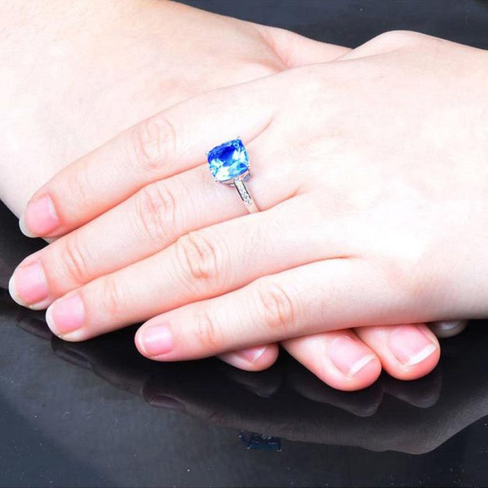 Silver Plated Anti Tarnish American Diamond Crushed Ice Cut Navy Blue Square Finger Ring - VAIRAVI