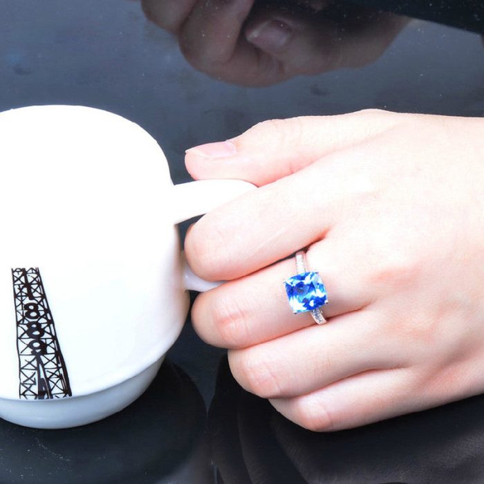 Silver Plated Anti Tarnish American Diamond Crushed Ice Cut Navy Blue Square Finger Ring - VAIRAVI