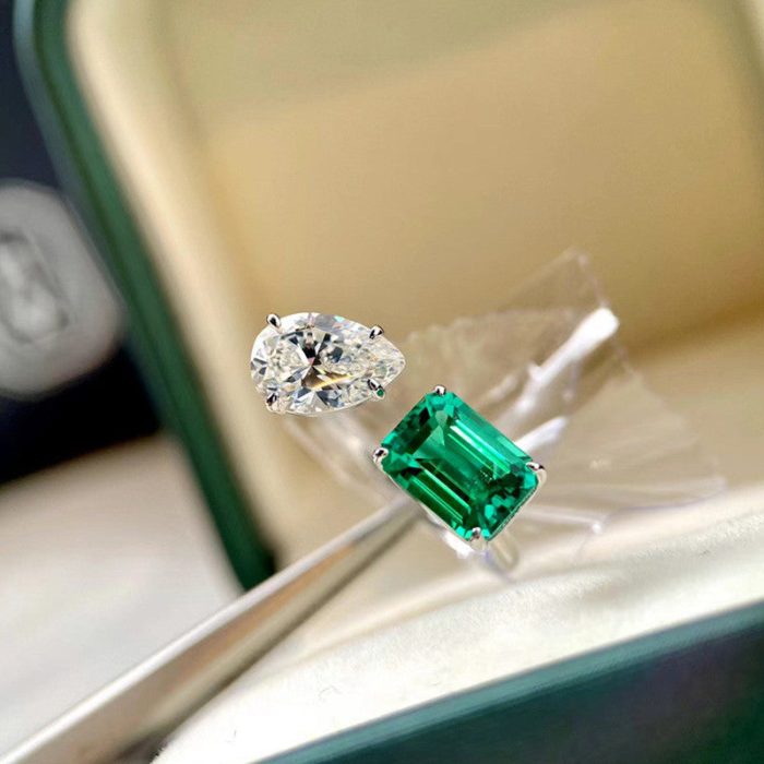 Silver Plated Anti Tarnish American Diamond Crushed Ice Cut Green Rectangular Finger Ring - VAIRAVI
