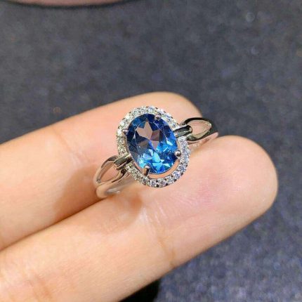 Silver Plated Anti Tarnish American Diamond Crushed Ice Cut Blue Oval Finger Ring - VAIRAVI