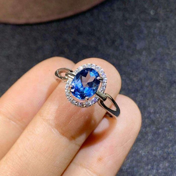 Silver Plated Anti Tarnish American Diamond Crushed Ice Cut Blue Oval Finger Ring - VAIRAVI