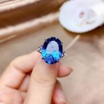 Silver Plated Anti Tarnish American Diamond Crushed Ice Cut Blue Oval Finger Ring - VAIRAVI
