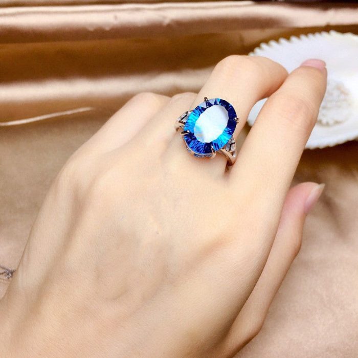 Silver Plated Anti Tarnish American Diamond Crushed Ice Cut Blue Oval Finger Ring - VAIRAVI