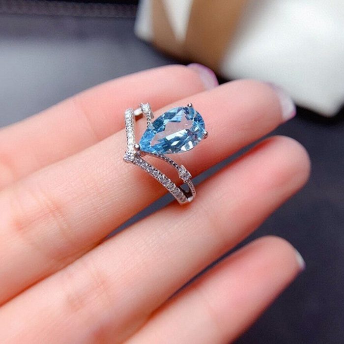 Silver Plated Anti Tarnish American Diamond Crushed Ice Cut Blue Teardrop Finger Ring - VAIRAVI