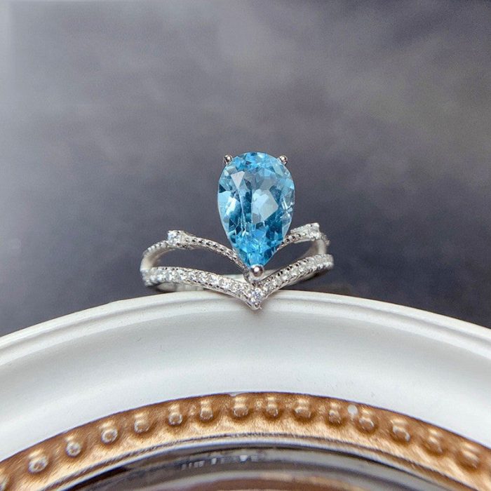 Silver Plated Anti Tarnish American Diamond Crushed Ice Cut Blue Teardrop Finger Ring - VAIRAVI