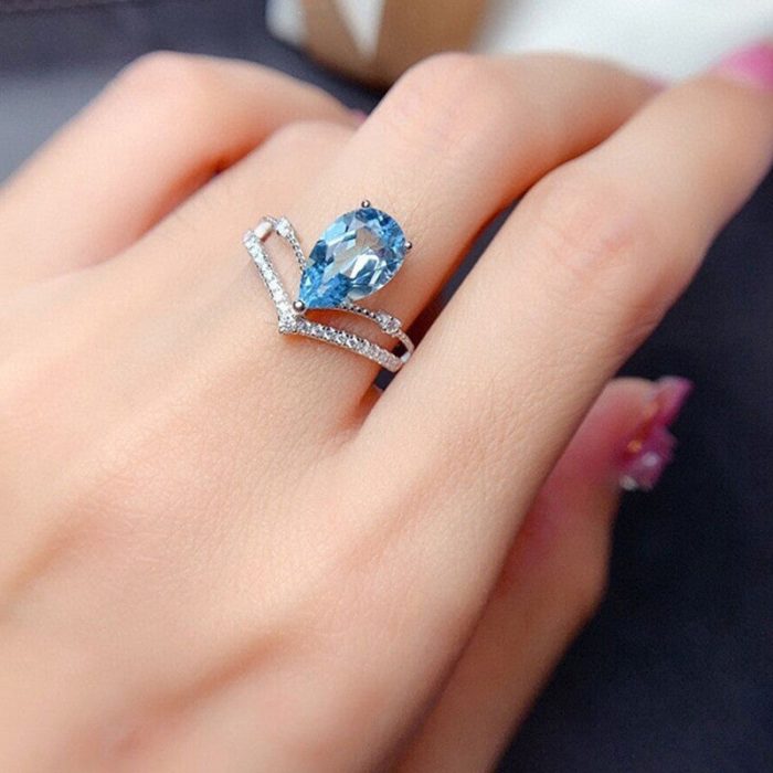 Silver Plated Anti Tarnish American Diamond Crushed Ice Cut Blue Teardrop Finger Ring - VAIRAVI
