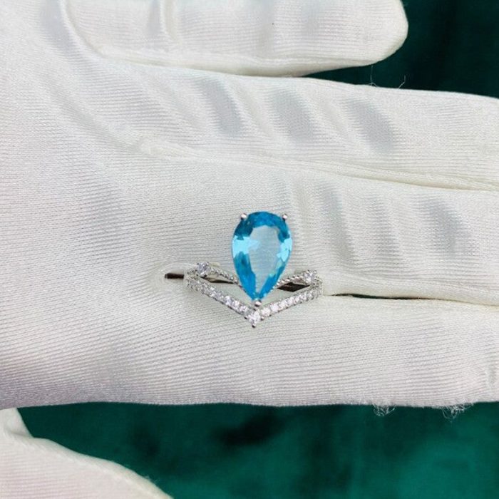 Silver Plated Anti Tarnish American Diamond Crushed Ice Cut Blue Teardrop Finger Ring - VAIRAVI