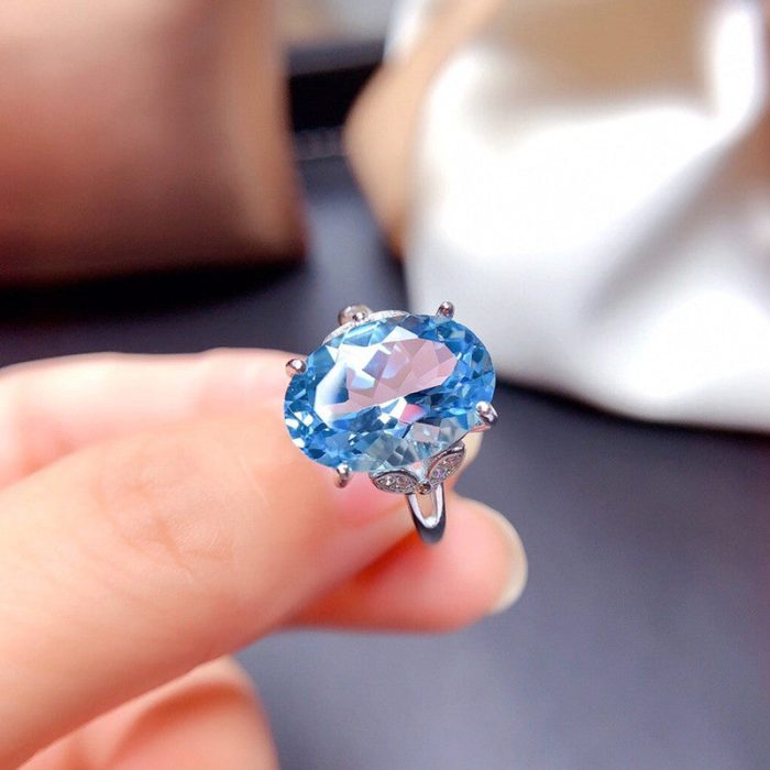 Silver Plated Anti Tarnish American Diamond Crushed Ice Cut Blue Oval Finger Ring - VAIRAVI