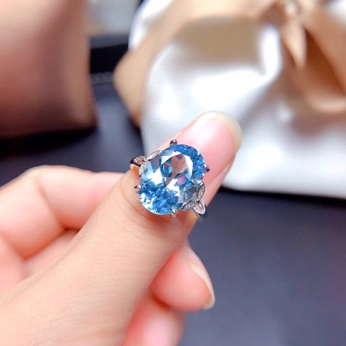 Silver Plated Anti Tarnish American Diamond Crushed Ice Cut Blue Oval Finger Ring - VAIRAVI