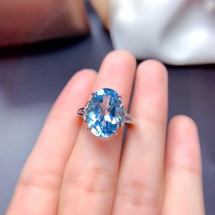 Silver Plated Anti Tarnish American Diamond Crushed Ice Cut Blue Oval Finger Ring - VAIRAVI