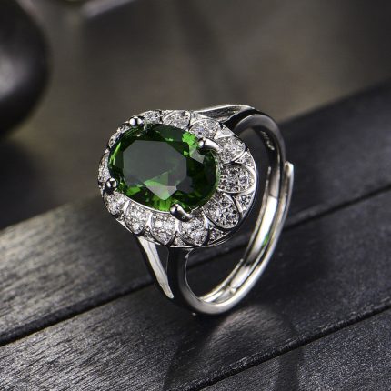 Silver Plated Anti Tarnish American Diamond Crushed Ice Cut Green Oval Finger Ring - VAIRAVI