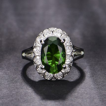 Silver Plated Anti Tarnish American Diamond Crushed Ice Cut Green Oval Finger Ring - VAIRAVI