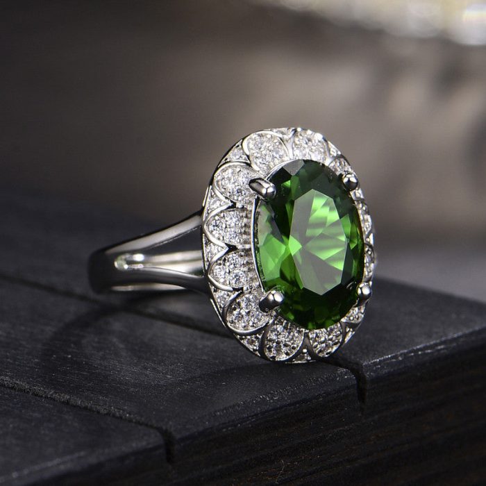Silver Plated Anti Tarnish American Diamond Crushed Ice Cut Green Oval Finger Ring - VAIRAVI