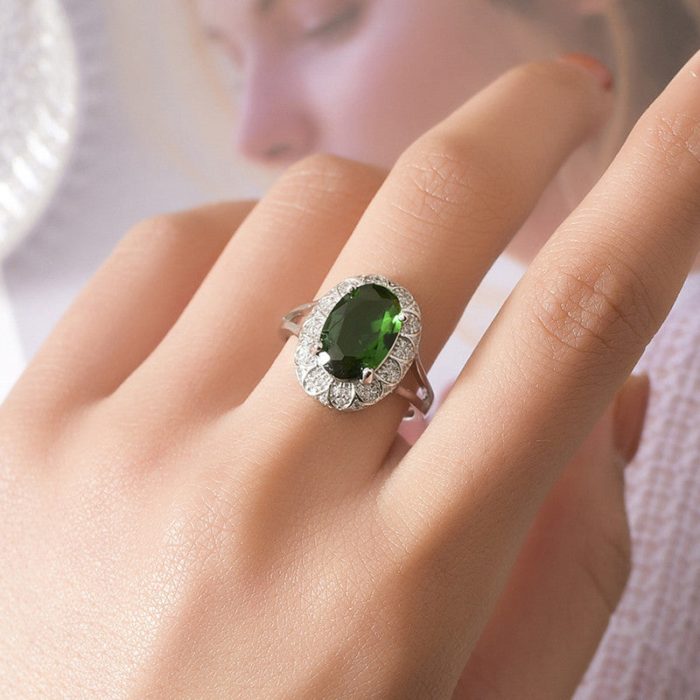 Silver Plated Anti Tarnish American Diamond Crushed Ice Cut Green Oval Finger Ring - VAIRAVI