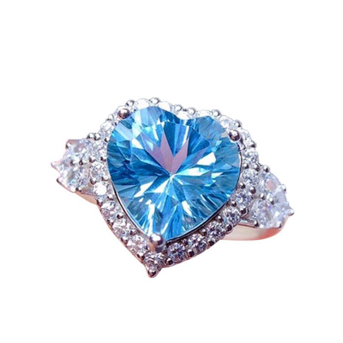 Silver Plated Anti Tarnish American Diamond Crushed Ice Cut Blue Heart Finger Ring - VAIRAVI