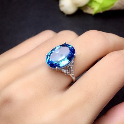 Silver Plated Anti Tarnish American Diamond Crushed Ice Cut Blue Oval Finger Ring - VAIRAVI