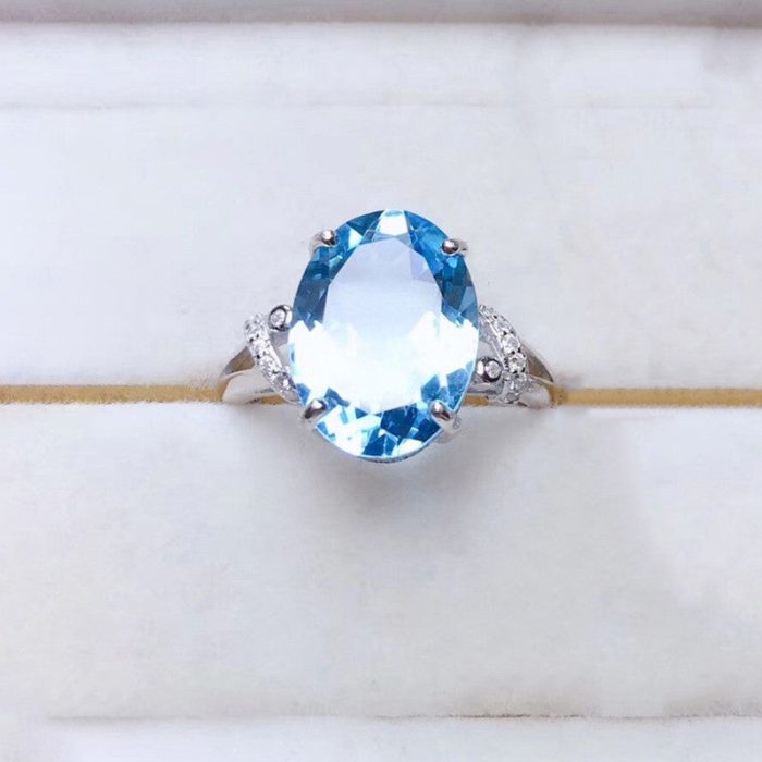Silver Plated Anti Tarnish American Diamond Crushed Ice Cut Blue Oval Finger Ring - VAIRAVI