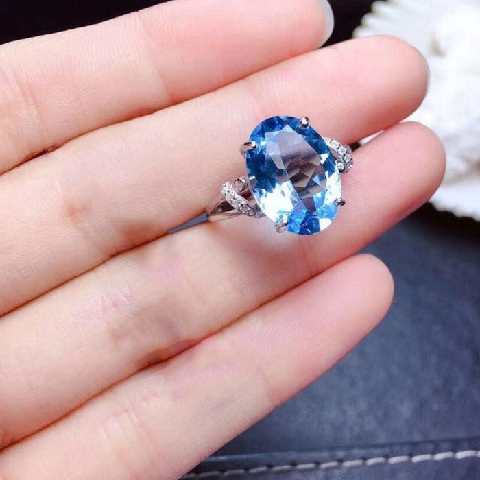 Silver Plated Anti Tarnish American Diamond Crushed Ice Cut Blue Oval Finger Ring - VAIRAVI