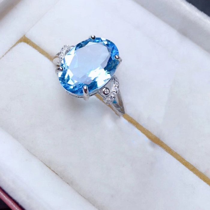 Silver Plated Anti Tarnish American Diamond Crushed Ice Cut Blue Oval Finger Ring - VAIRAVI