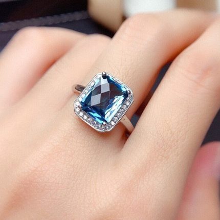 Silver Plated Anti Tarnish American Diamond Crushed Ice Cut Blue Rectangular Finger Ring - VAIRAVI