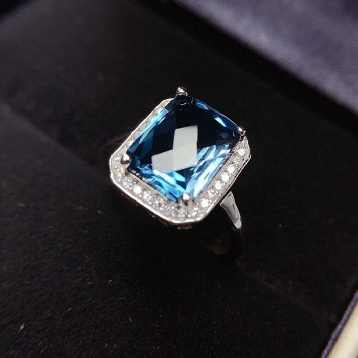 Silver Plated Anti Tarnish American Diamond Crushed Ice Cut Blue Rectangular Finger Ring - VAIRAVI