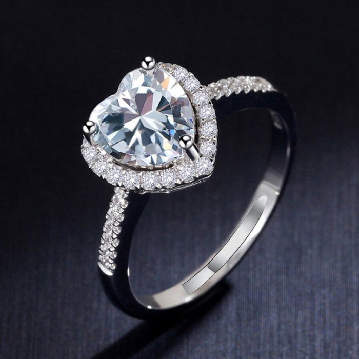 Silver Plated Anti Tarnish American Diamond Crushed Ice Cut Silver Heart Themed Finger Ring - VAIRAVI