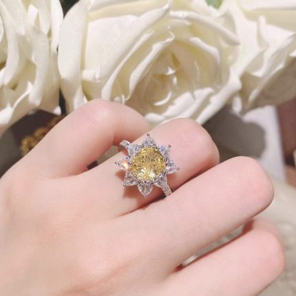 Silver Plated Anti Tarnish American Diamond Crushed Ice Cut Yellow Floral Finger Ring - VAIRAVI