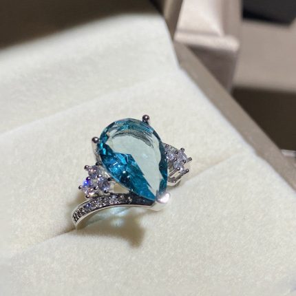 Silver Plated Anti Tarnish American Diamond Crushed Ice Cut Blue Teardrop Style Finger Ring - VAIRAVI