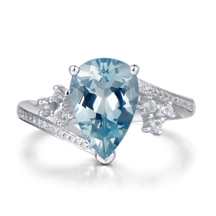 Silver Plated Anti Tarnish American Diamond Crushed Ice Cut Blue Teardrop Style Finger Ring - VAIRAVI