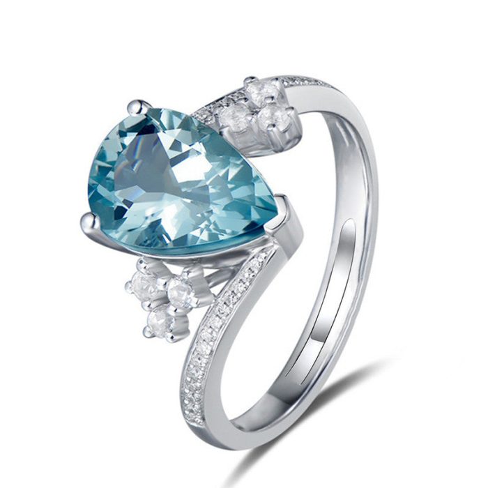 Silver Plated Anti Tarnish American Diamond Crushed Ice Cut Blue Teardrop Style Finger Ring - VAIRAVI
