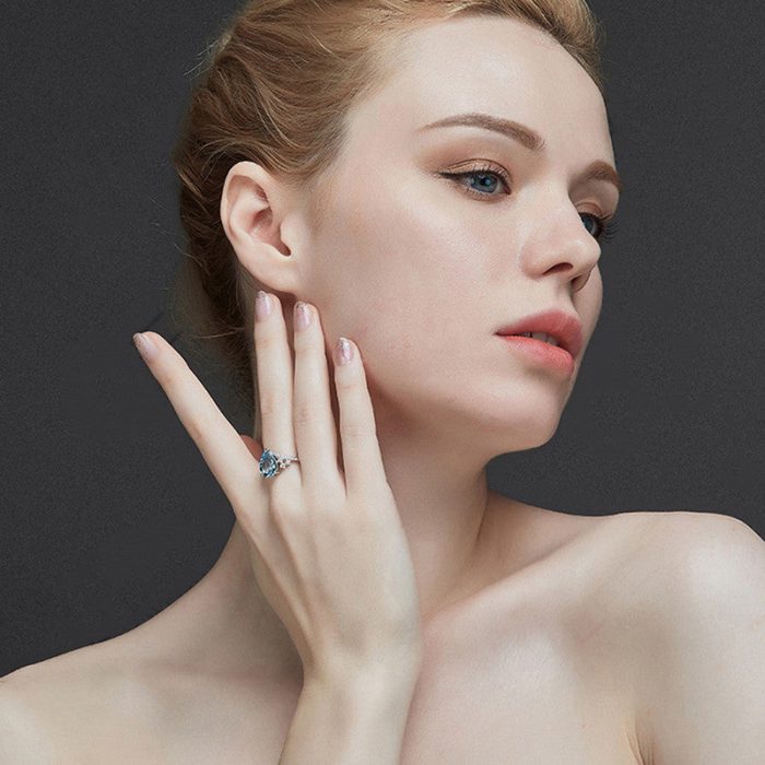 Silver Plated Anti Tarnish American Diamond Crushed Ice Cut Blue Teardrop Style Finger Ring - VAIRAVI