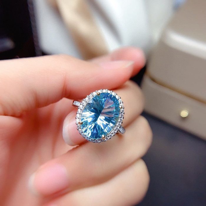 Silver Plated Anti Tarnish American Diamond Crushed Ice Cut Blue Oval Finger Ring - VAIRAVI