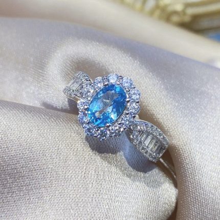 Silver Plated Anti Tarnish American Diamond Crushed Ice Cut Blue Oval Contemporary Finger Ring - VAIRAVI