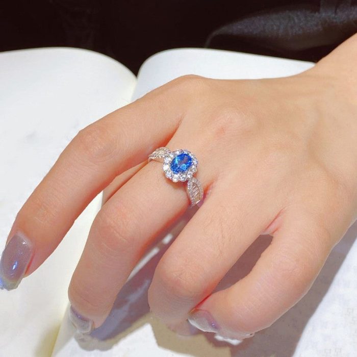 Silver Plated Anti Tarnish American Diamond Crushed Ice Cut Blue Oval Contemporary Finger Ring - VAIRAVI