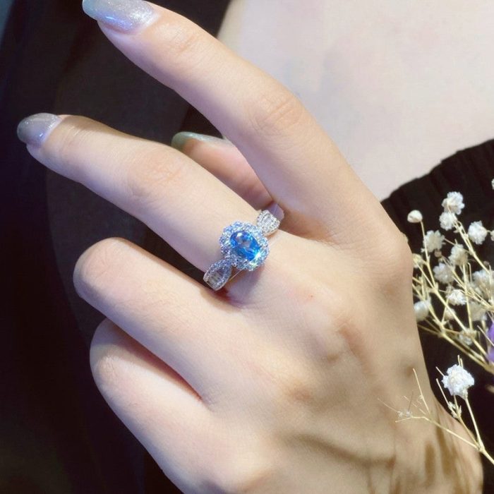 Silver Plated Anti Tarnish American Diamond Crushed Ice Cut Blue Oval Contemporary Finger Ring - VAIRAVI