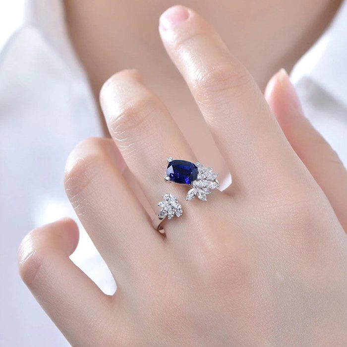 Silver Plated Anti Tarnish American Diamond Crushed Ice Cut Navy Blue Contemporary Finger Ring - VAIRAVI