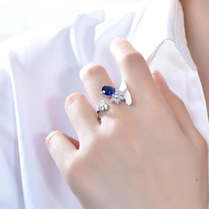 Silver Plated Anti Tarnish American Diamond Crushed Ice Cut Navy Blue Contemporary Finger Ring - VAIRAVI