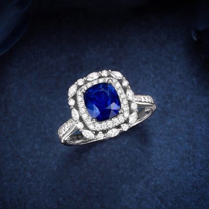 Silver Plated Anti Tarnish American Diamond Crushed Ice Cut Navy Blue Square Contemporary Finger Ring - VAIRAVI