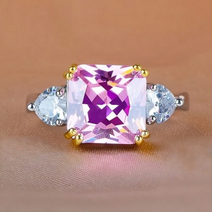 Silver Plated Anti Tarnish American Diamond Crushed Ice Cut Pink Geometric Contemporary Finger Ring - VAIRAVI