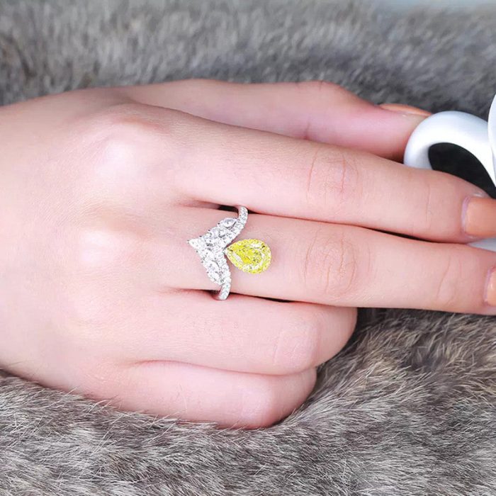 Silver Plated Anti Tarnish American Diamond Crushed Ice Cut Yellow Teardrop Finger Ring - VAIRAVI