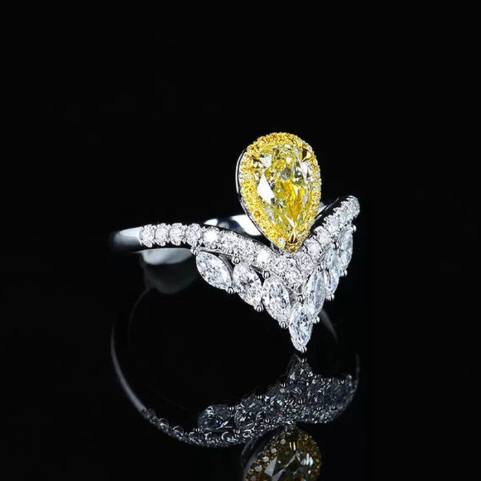 Silver Plated Anti Tarnish American Diamond Crushed Ice Cut Yellow Teardrop Finger Ring - VAIRAVI