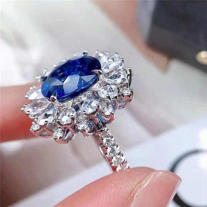 Silver Plated Anti Tarnish American Diamond Crushed Ice Cut Navy Blue Oval Finger Ring - VAIRAVI