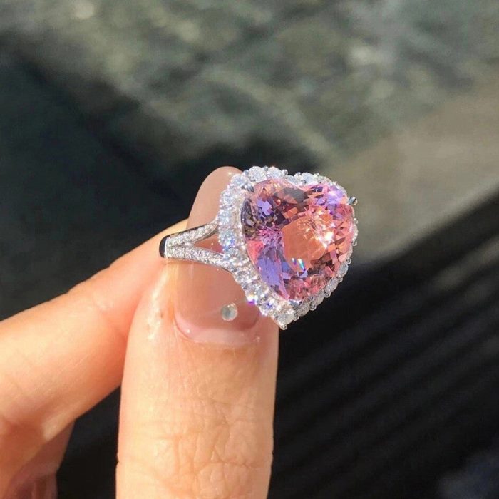 Silver Plated Anti Tarnish American Diamond Crushed Ice Cut Pink Heart Shape Finger Ring - VAIRAVI