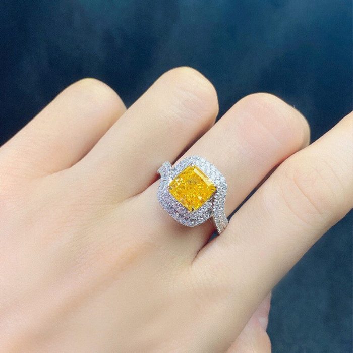 Silver Plated Anti Tarnish American Diamond Crushed Ice Cut Square Shape Yellow Finger Ring - VAIRAVI