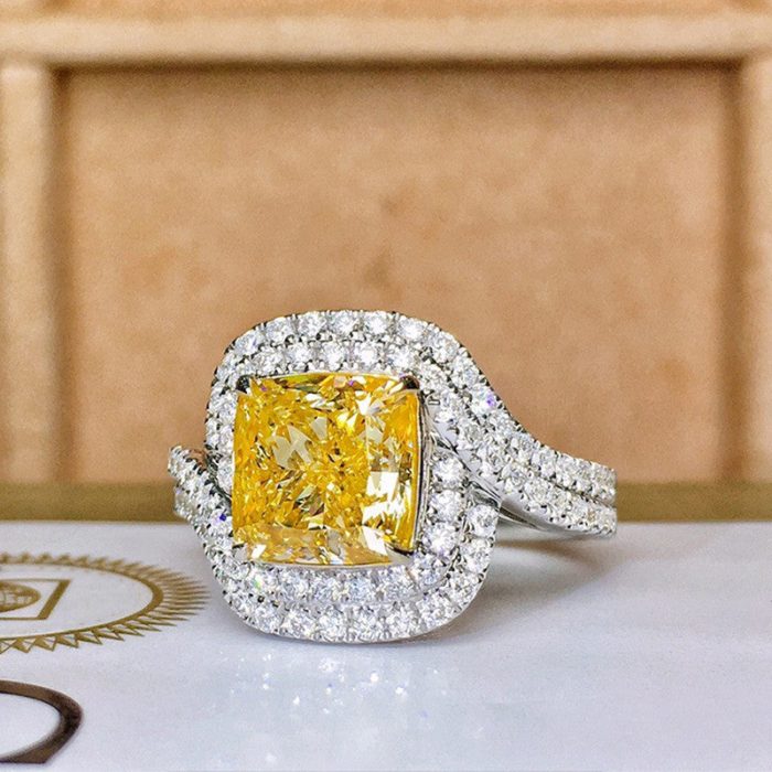 Silver Plated Anti Tarnish American Diamond Crushed Ice Cut Square Shape Yellow Finger Ring - VAIRAVI