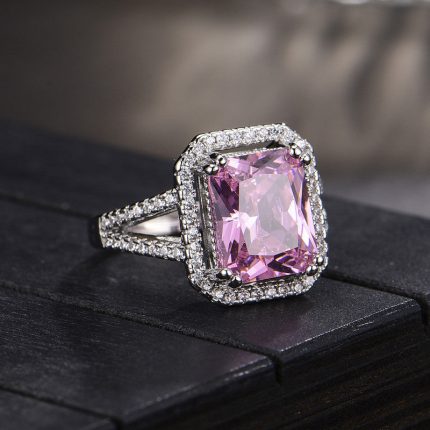 Silver Plated Anti Tarnish American Diamond Crushed Ice Cut Rectangular Pink Finger Ring - VAIRAVI