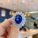 Silver Plated Anti Tarnish American Diamond Crushed Ice Cut Navy Blue Oval Cocktail Style Finger Ring - VAIRAVI