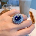 Silver Plated Anti Tarnish American Diamond Crushed Ice Cut Navy Blue Oval Cocktail Style Finger Ring - VAIRAVI